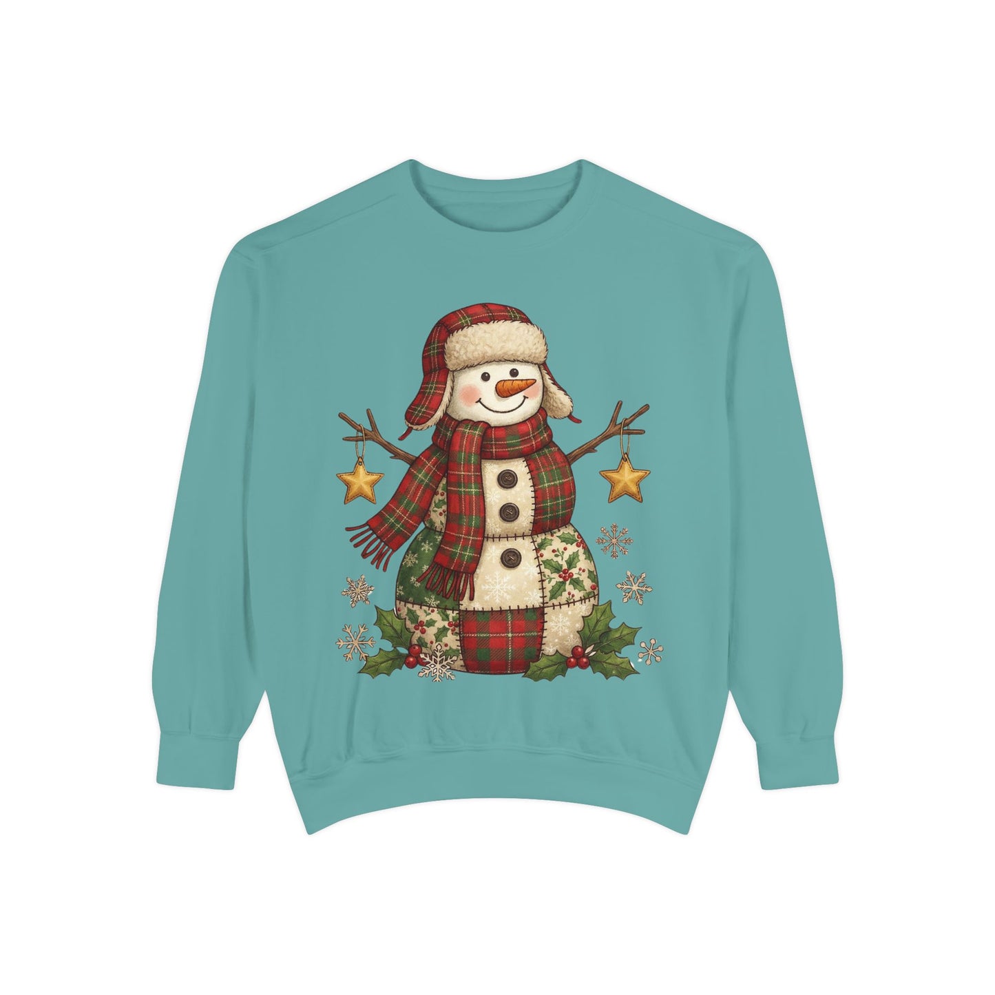 Faux Patchwork Design Vintage Snowman Sweatshirt | Rustic Plaid Christmas Crewneck | Farmhouse Holiday Sweater | Cute Winter Pullover Gift for Her - Resilient Mind Media
