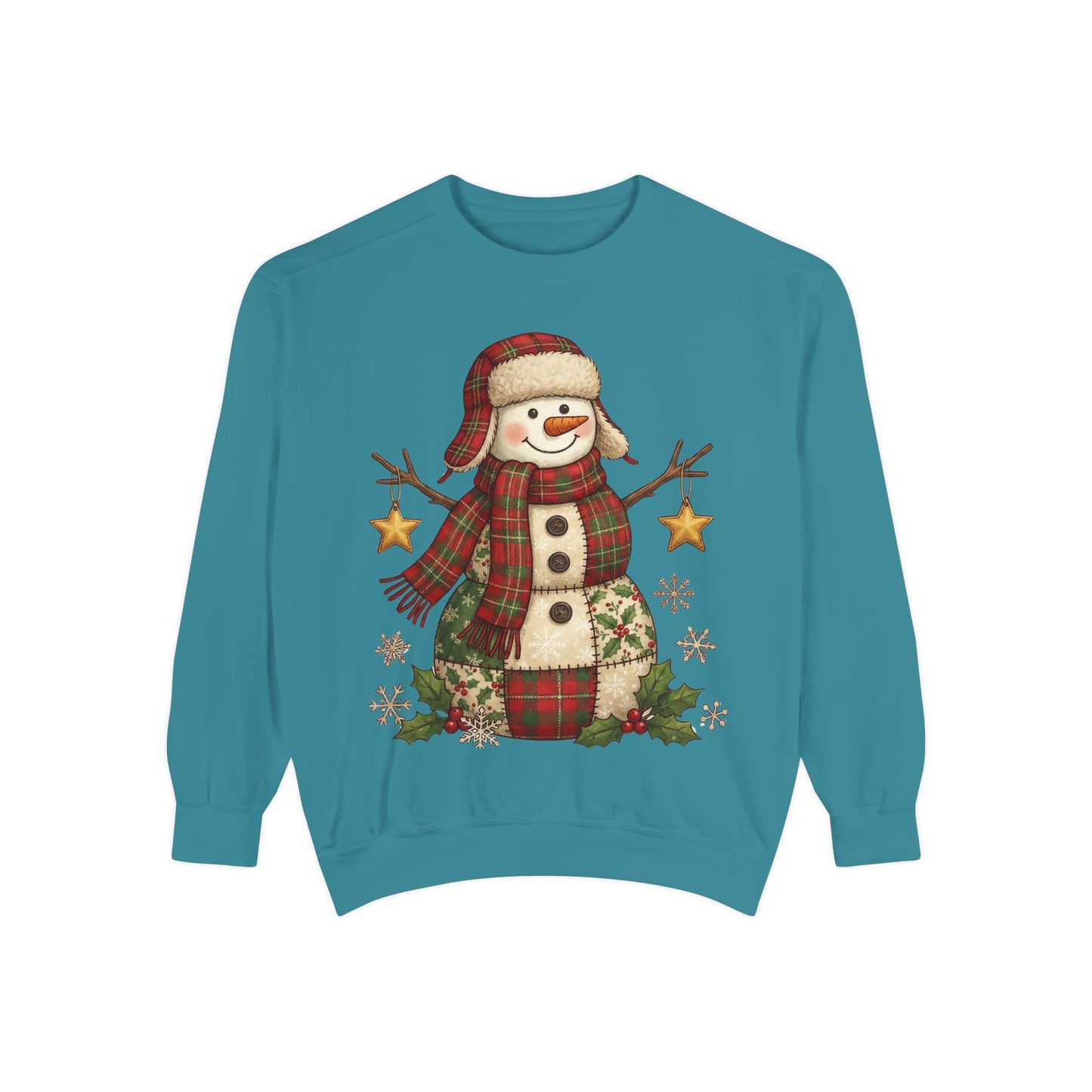 Faux Patchwork Design Vintage Snowman Sweatshirt | Rustic Plaid Christmas Crewneck | Farmhouse Holiday Sweater | Cute Winter Pullover Gift for Her - Resilient Mind Media