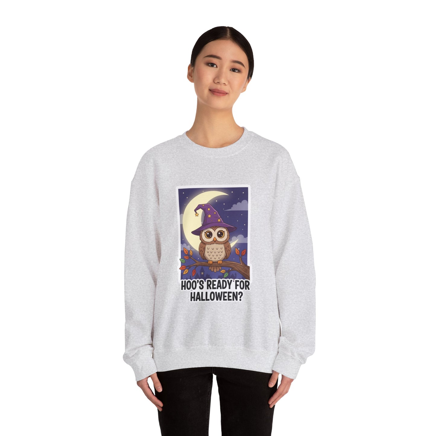 Hoo's Ready for Halloween? Sweatshirt - Cozy Halloween Gift, Cute Owl Design, Fall Style, Unisex Crewneck, Great for Costume Parties - Resilient Mind Media