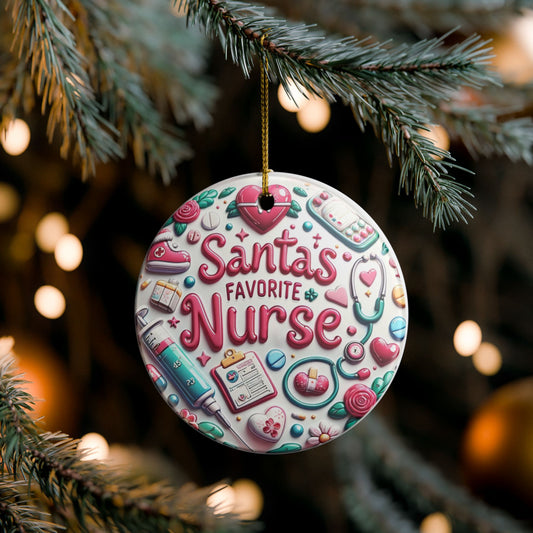 Nurse Holiday Ornament - Santa's Favorite Nurse Ceramic Decoration - Resilient Mind Media