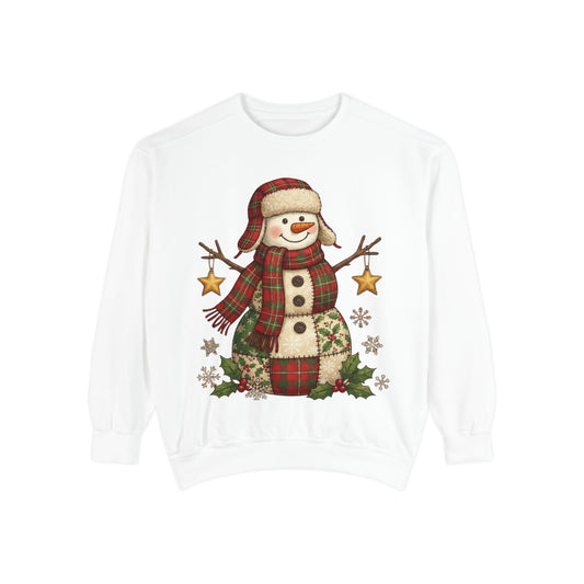 Faux Patchwork Design Vintage Snowman Sweatshirt | Rustic Plaid Christmas Crewneck | Farmhouse Holiday Sweater | Cute Winter Pullover Gift for Her - Resilient Mind Media