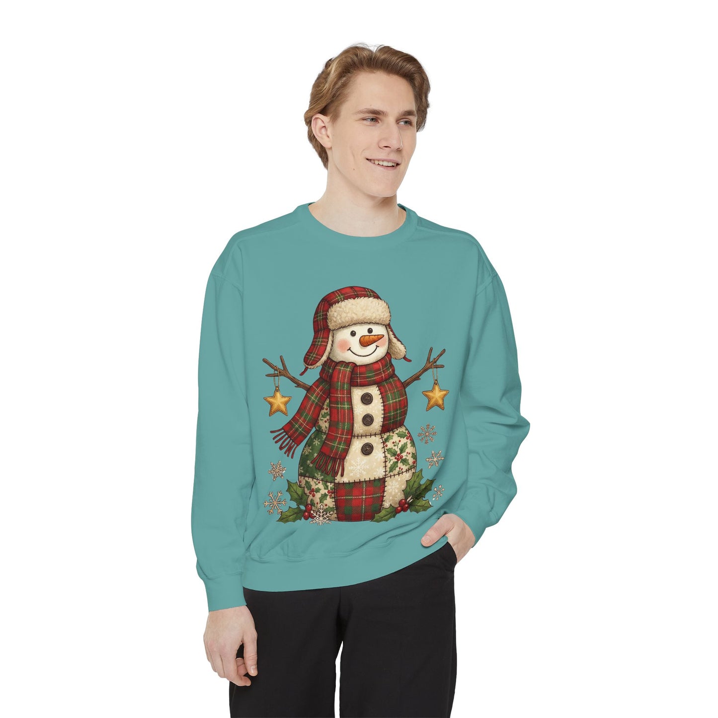 Faux Patchwork Design Vintage Snowman Sweatshirt | Rustic Plaid Christmas Crewneck | Farmhouse Holiday Sweater | Cute Winter Pullover Gift for Her - Resilient Mind Media