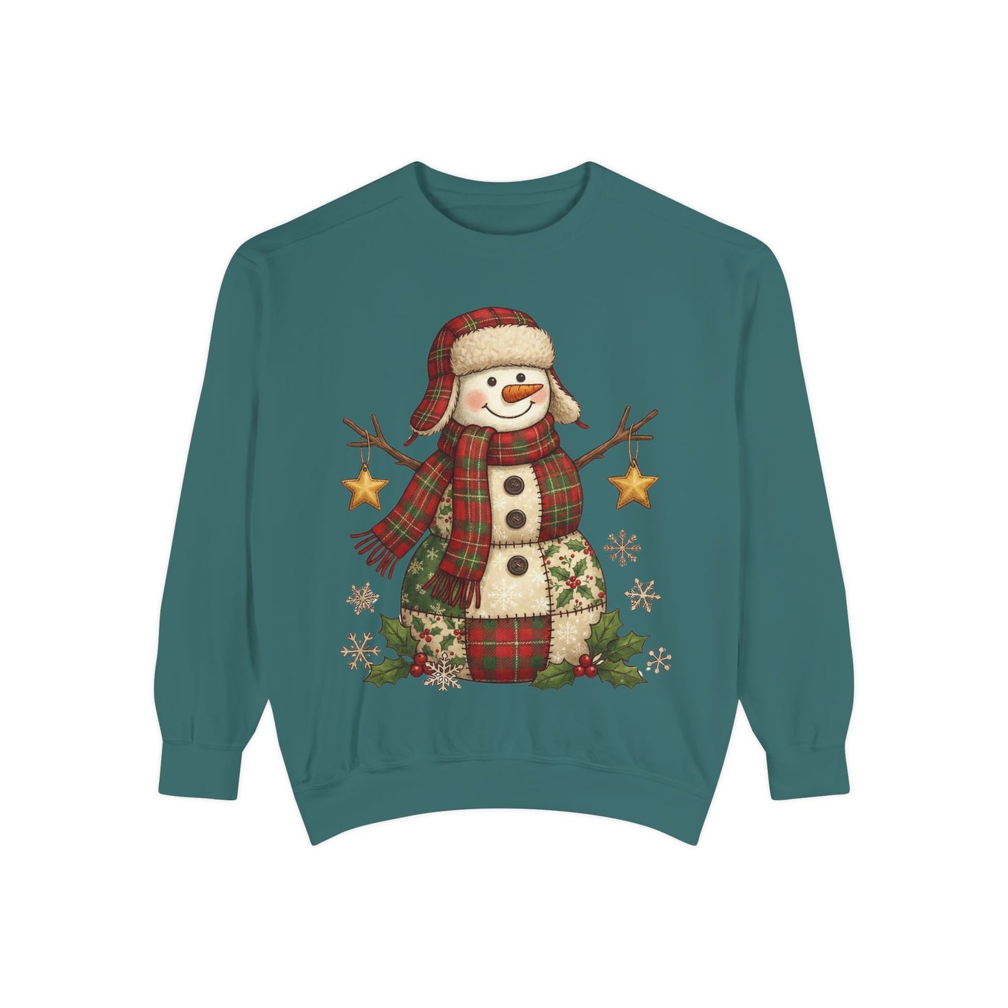 Faux Patchwork Design Vintage Snowman Sweatshirt | Rustic Plaid Christmas Crewneck | Farmhouse Holiday Sweater | Cute Winter Pullover Gift for Her - Resilient Mind Media