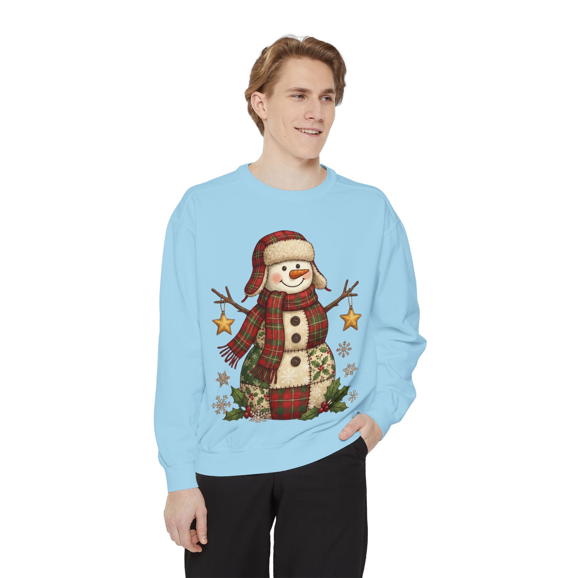 Faux Patchwork Design Vintage Snowman Sweatshirt | Rustic Plaid Christmas Crewneck | Farmhouse Holiday Sweater | Cute Winter Pullover Gift for Her - Resilient Mind Media