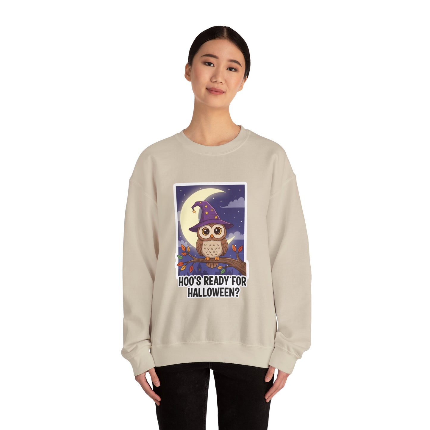 Hoo's Ready for Halloween? Sweatshirt - Cozy Halloween Gift, Cute Owl Design, Fall Style, Unisex Crewneck, Great for Costume Parties - Resilient Mind Media
