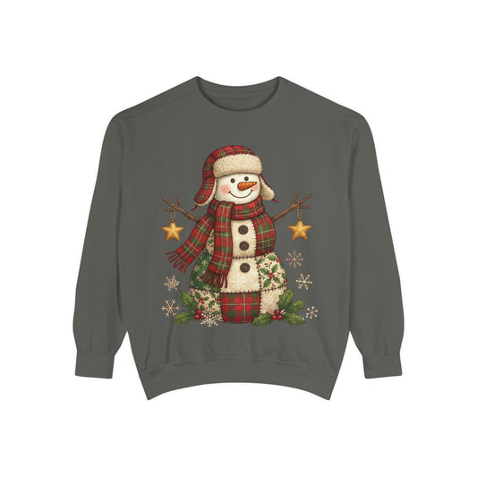 Faux Patchwork Design Vintage Snowman Sweatshirt | Rustic Plaid Christmas Crewneck | Farmhouse Holiday Sweater | Cute Winter Pullover Gift for Her - Resilient Mind Media
